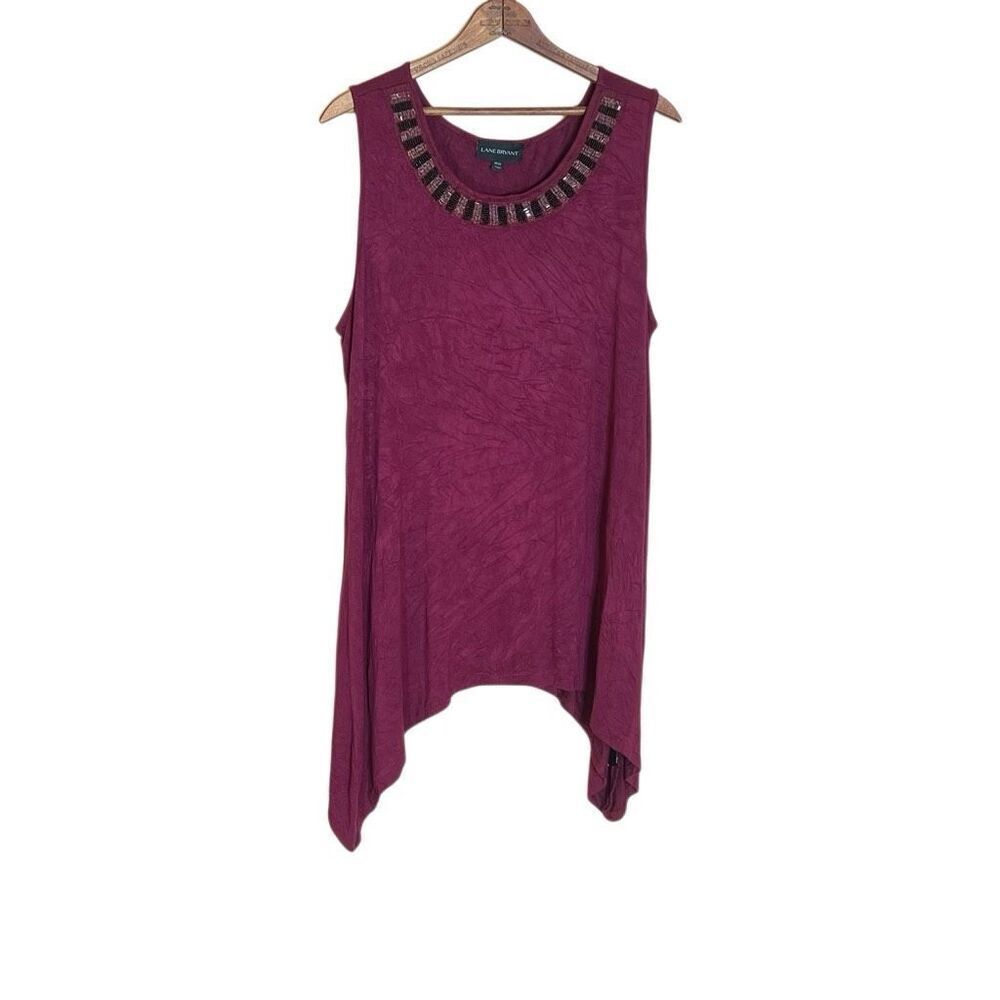 Lane Bryant Beaded Neck Sleeveless Sharkbite Tunic Tank Top Burgundy Size 18/20 - Picture 2 of 7